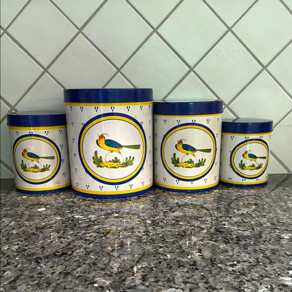 Vintage Rosenthal Netter Blue & Yellow Bird 4 Pc. Tin Canister Set